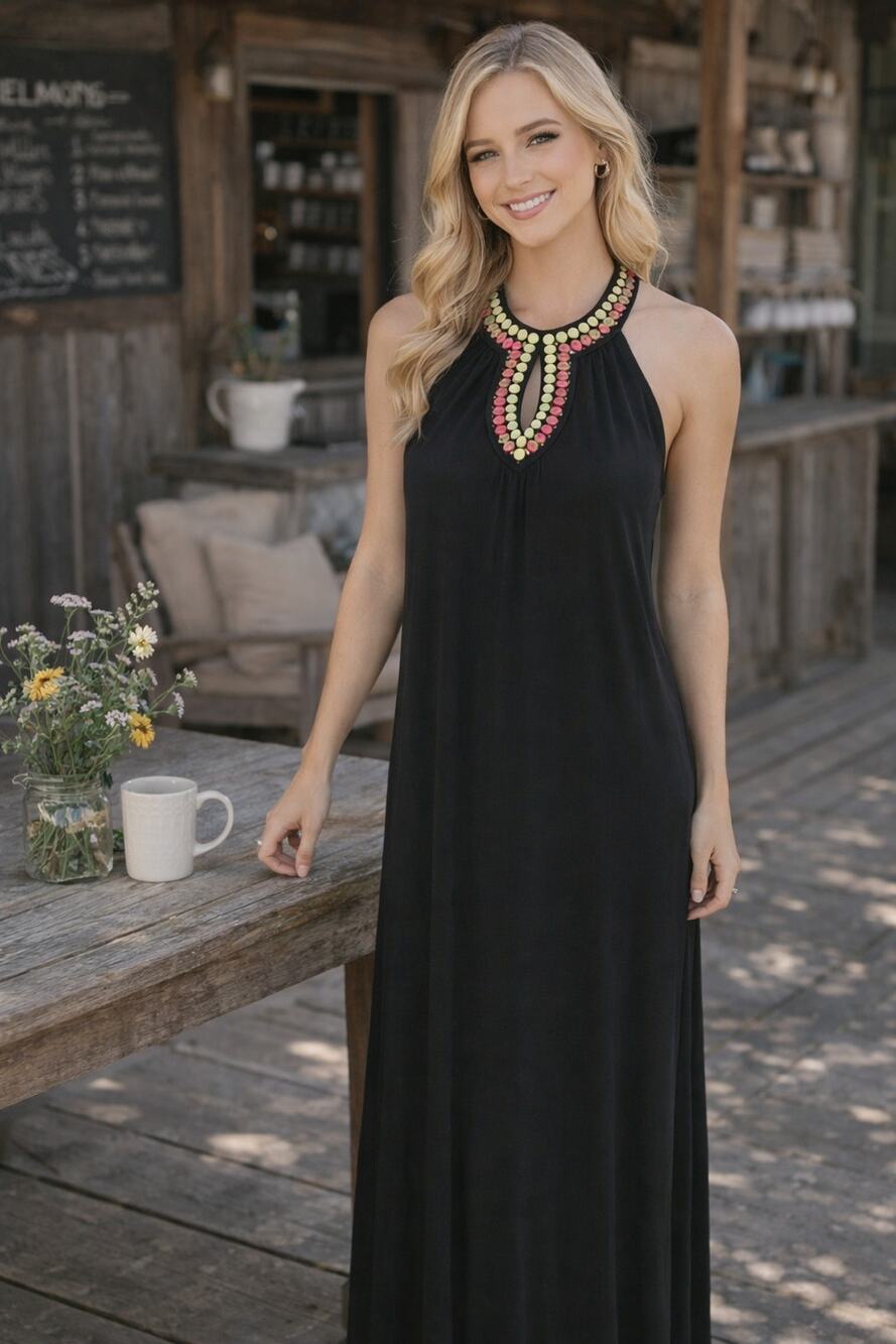 Nicole Miller Halter Maxi Dress XL Black Beaded Collar EUC